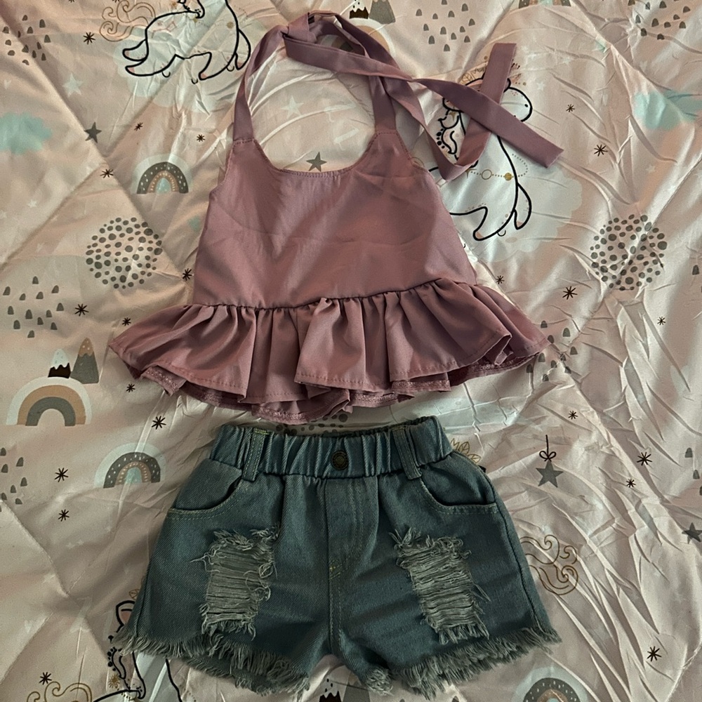 Pink Ruffle Top and Distressed Denim Shorts Set